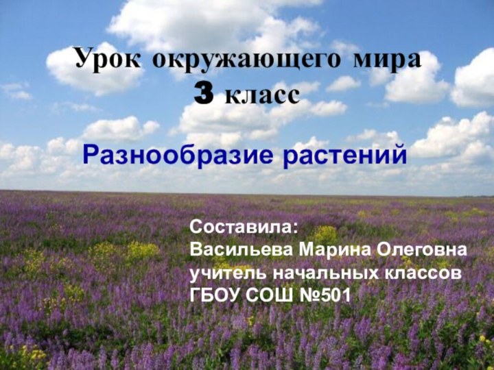 Урок окружающего мира  3 классРазнообразие растенийСоставила: Васильева Марина Олеговна учитель начальных классов ГБОУ СОШ №501