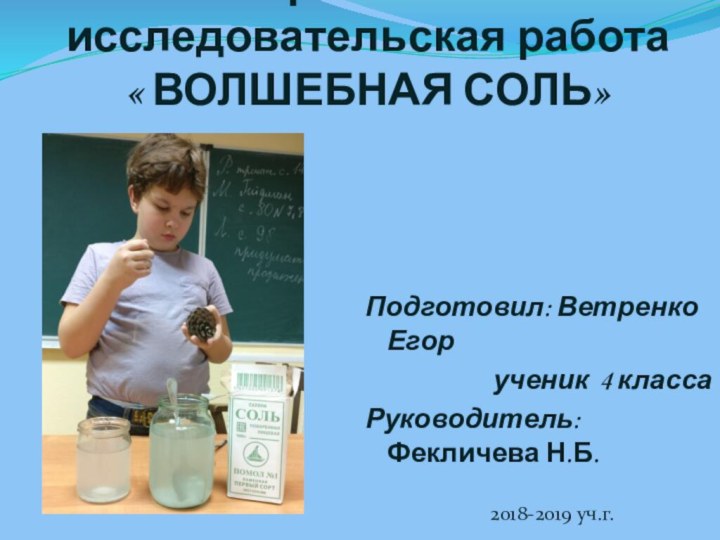 Проектно-исследовательская работа  « ВОЛШЕБНАЯ СОЛЬ»Подготовил: Ветренко Егор