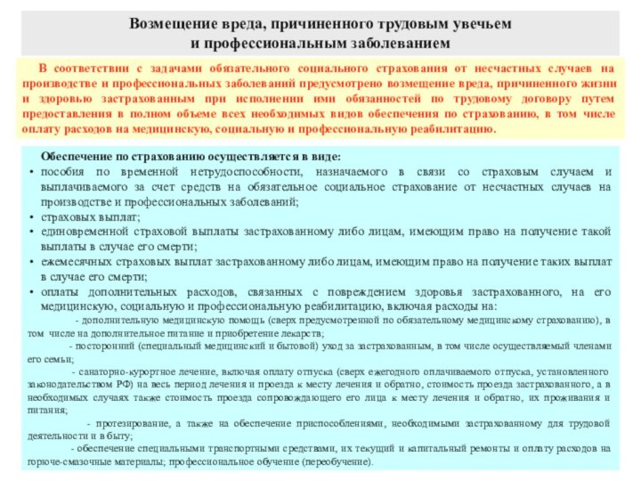 Возмещение вреда, причиненного трудовым увечьем и профессиональным заболеванием  В соответствии с задачами