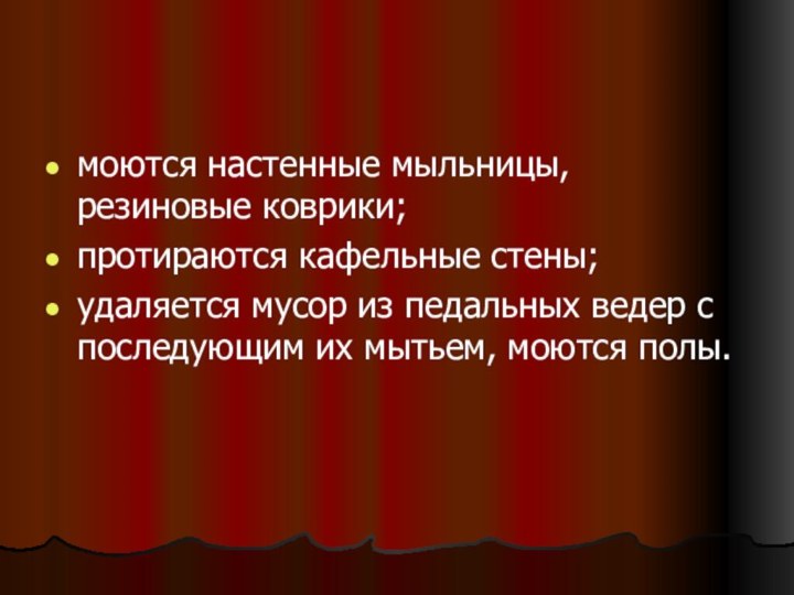 моются настенные мыльницы, резиновые коврики;протираются кафельные стены;удаляется мусор из педальных ведер с