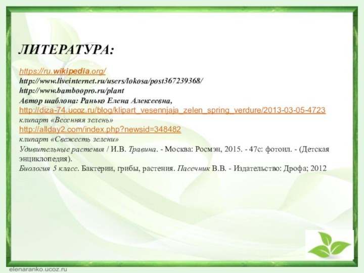 ЛИТЕРАТУРА:https://ru.wikipedia.org/http://www.liveinternet.ru/users/lokosa/post367239368/http://www.bamboopro.ru/plantАвтор шаблона: Ранько Елена Алексеевна, http://diza-74.ucoz.ru/blog/klipart_vesennjaja_zelen_spring_verdure/2013-03-05-4723 клипарт «Весенняя зелень»http://allday2.com/index.php?newsid=348482 клипарт «Свежесть зелени»Удивительные