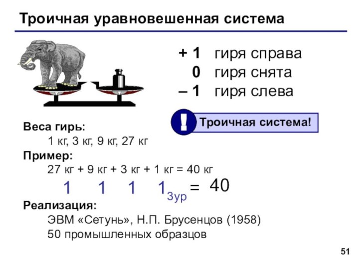 Троичная уравновешенная система+ 1	гиря справа  0	гиря снята– 1	гиря слева  Веса