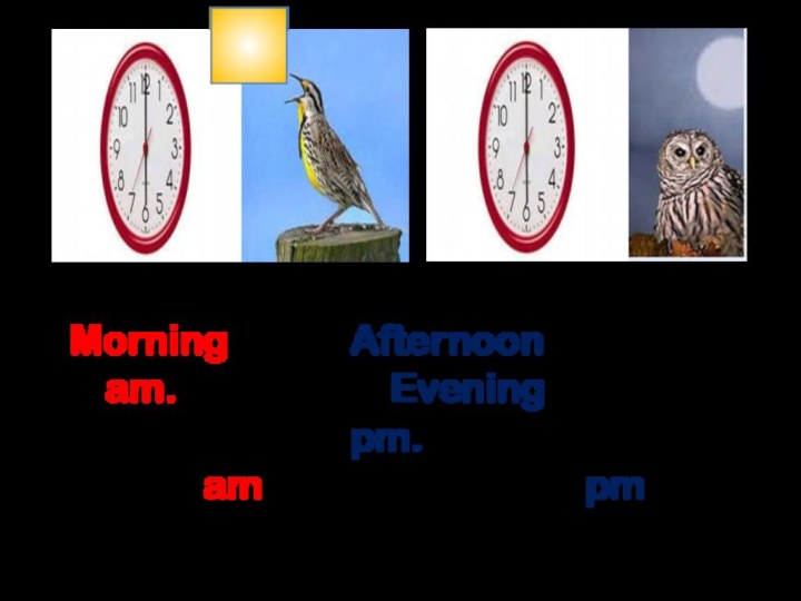 Morning				Afternoon	  am.    				Evening								   					pm.  It’s six am.				It’s two pm.