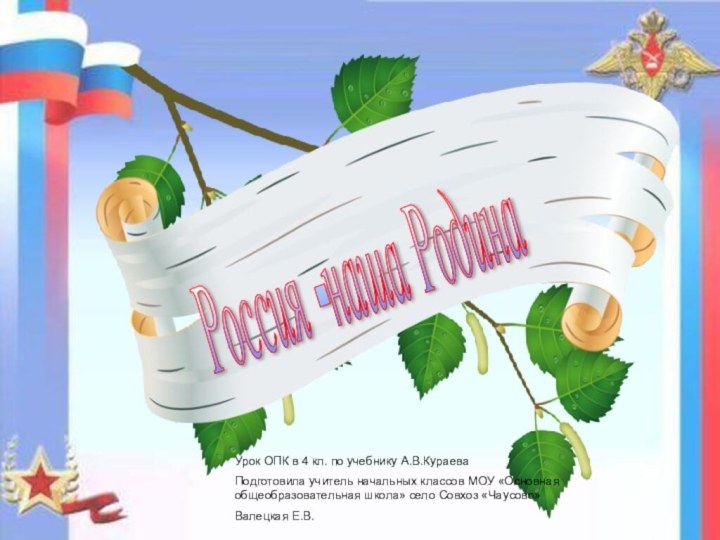 Россия -наша РодинаУрок ОПК в 4 кл. по учебнику А.В.КураеваПодготовила учитель начальных