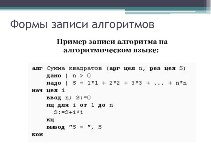 Формы записи алгоритмовПример записи алгоритма на алгоритмическом языке: