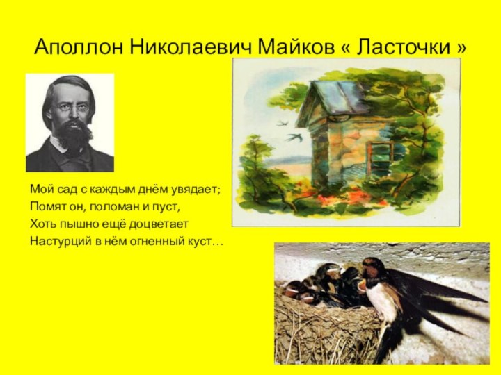 Аполлон Николаевич Майков « Ласточки »Мой сад с каждым днём увядает; Помят