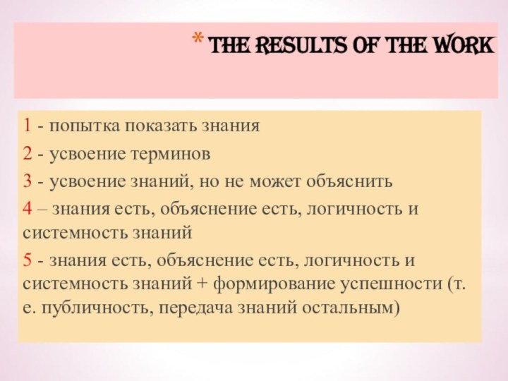 The results of the work1 - попытка показать знания2 - усвоение терминов3