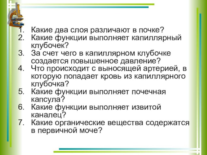 Какие два слоя различают в почке?Какие функции выполняет капиллярный клубочек?За счет чего