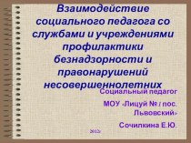 Презентация по теме:Взаимодействие социального педагога со службами и учреждениями профилактики безнадзорности и правонарушений несовершеннолетних