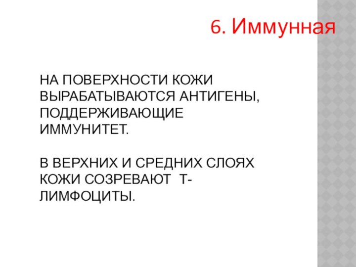 6. Иммунная   НА ПОВЕРХНОСТИ КОЖИ ВЫРАБАТЫВАЮТСЯ АНТИГЕНЫ, ПОДДЕРЖИВАЮЩИЕ ИММУНИТЕТ.В ВЕРХНИХ