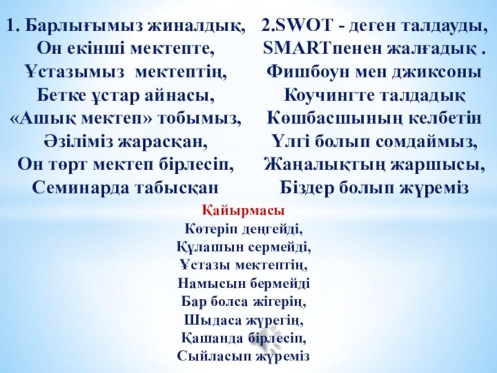 1. Барлығымыз жиналдық,Он екінші мектепте,Ұстазымыз мектептің,Бетке ұстар айнасы,«Ашық мектеп» тобымыз,Әзіліміз жарасқан,Он төрт