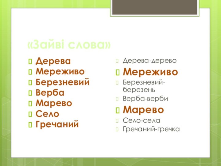 «Зайві слова»Дерева Мереживо Березневий Верба Марево Село Гречаний Дерева-дерево Мереживо Березневий-березень Верба-верби Марево Село-села Гречаний-гречка