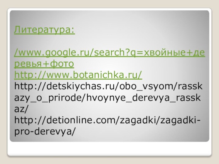 Литература:   /www.google.ru/search?q=хвойные+деревья+фото http://www.botanichka.ru/ http://detskiychas.ru/obo_vsyom/rasskazy_o_prirode/hvoynye_derevya_rasskaz/ http://detionline.com/zagadki/zagadki-pro-derevya/ 