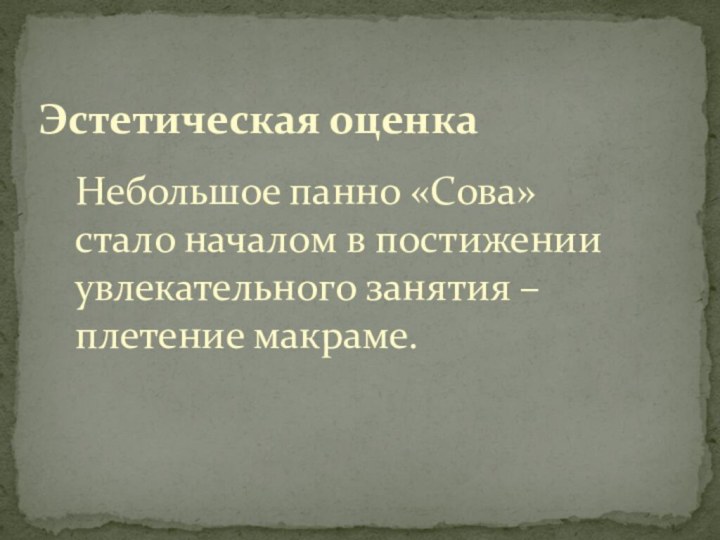 Небольшое панно «Сова» стало началом в постижении увлекательного занятия – плетение макраме. Эстетическая оценка