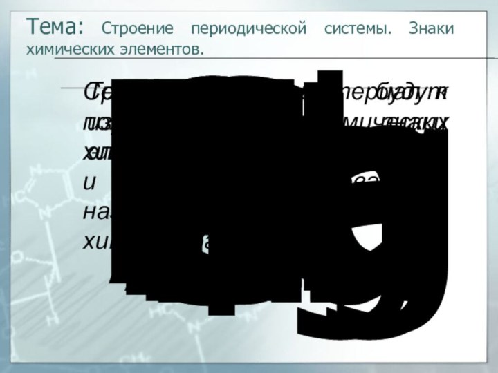 Тема: Строение периодической системы. Знаки химических элементов.Тренировочный материал к изучению знаков химических