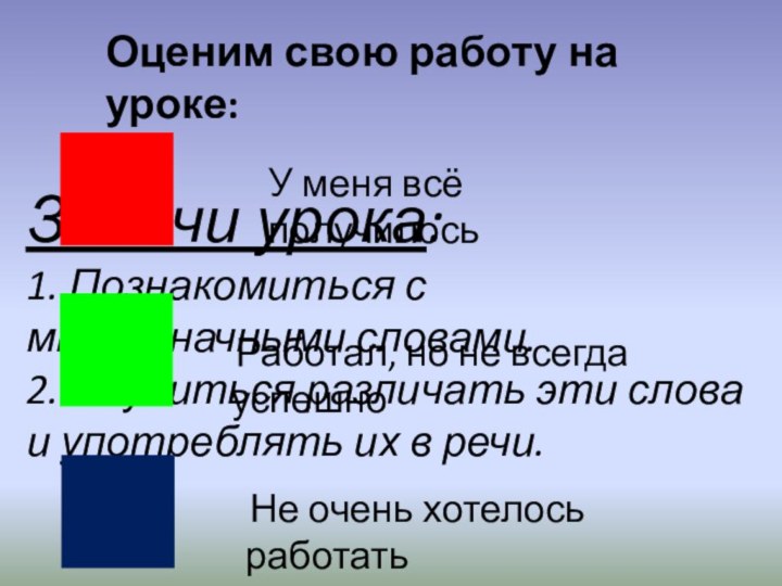 Задачи урока: 1. Познакомиться с многозначными словами.2. Научиться различать эти слова и