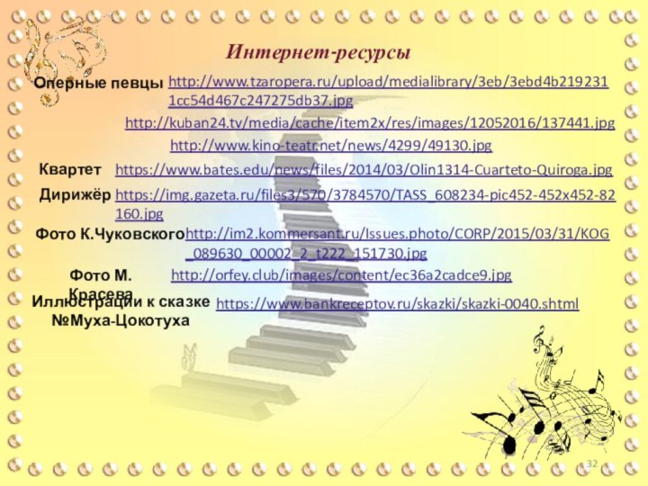 Интернет-ресурсыhttp://www.tzaropera.ru/upload/medialibrary/3eb/3ebd4b2192311cc54d467c247275db37.jpgОперные певцыhttp://kuban24.tv/media/cache/item2x/res/images/12052016/137441.jpghttp://www.kino-teatr.net/news/4299/49130.jpgКвартет https://www.bates.edu/news/files/2014/03/Olin1314-Cuarteto-Quiroga.jpgДирижёр https://img.gazeta.ru/files3/570/3784570/TASS_608234-pic452-452x452-82160.jpgФото К.Чуковского http://im2.kommersant.ru/Issues.photo/CORP/2015/03/31/KOG_089630_00002_2_t222_151730.jpgФото М.Красева http://orfey.club/images/content/ec36a2cadce9.jpgИллюстрации к сказке №Муха-Цокотуха https://www.bankreceptov.ru/skazki/skazki-0040.shtml