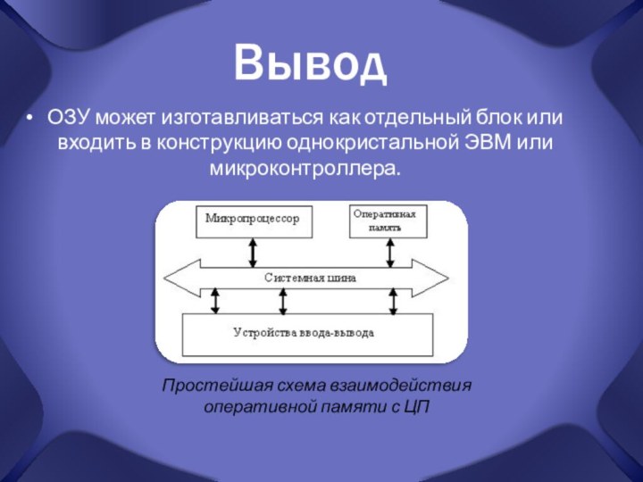 ВыводОЗУ может изготавливаться как отдельный блок или входить в конструкцию однокристальной ЭВМ