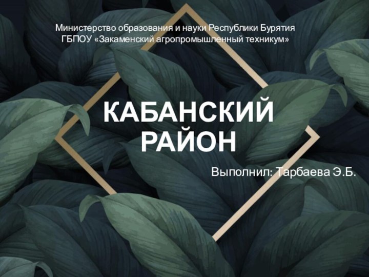 КАБАНСКИЙ РАЙОНВыполнил: Тарбаева Э.Б.Министерство образования и науки Республики БурятияГБПОУ «Закаменский агропромышленный техникум»