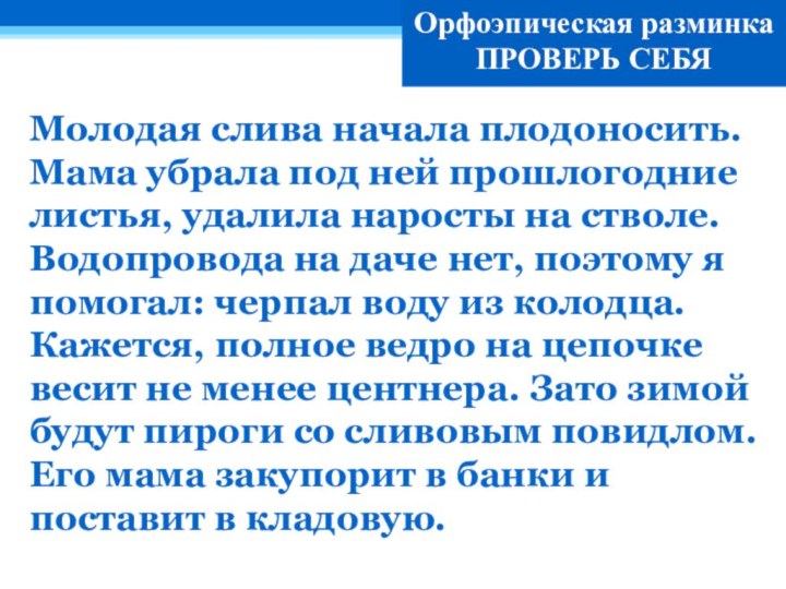 Орфоэпическая разминкаПРОВЕРЬ СЕБЯМолодая слива начала плодоносить. Мама убрала под ней прошлогодние листья,