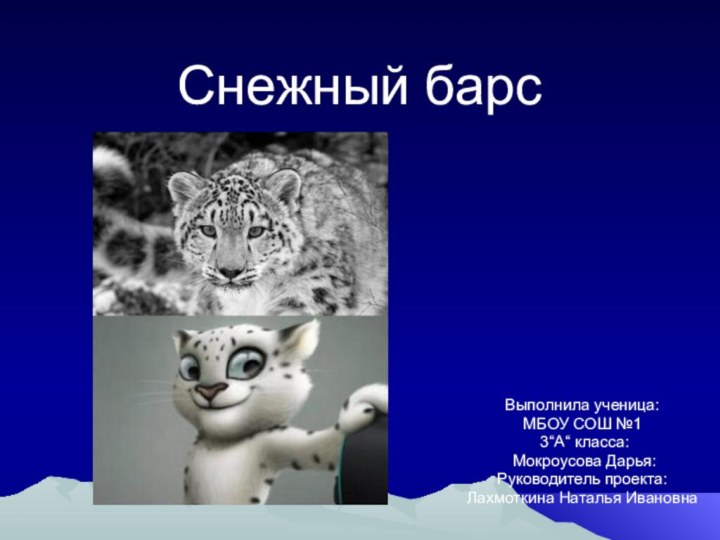 Снежный барсВыполнила ученица:МБОУ СОШ №1 3“А“ класса: Мокроусова Дарья:Руководитель проекта:Лахмоткина Наталья Ивановна