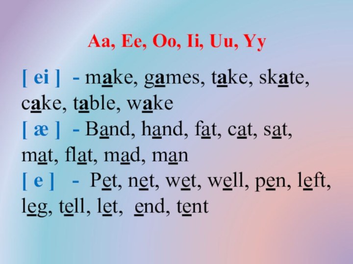 Aa, Ee, Oo, Ii, Uu, Yy [ ei ] - make, games,