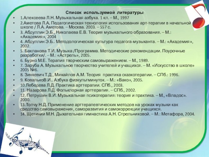 Список используемой литературы1.Алексеева Л.Н. Музыкальная азбука. 1 кл. – М., 19972.Аметова Л.А.