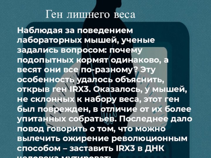 Ген лишнего весаНаблюдая за поведением лабораторных мышей, ученые задались вопросом: почему подопытных