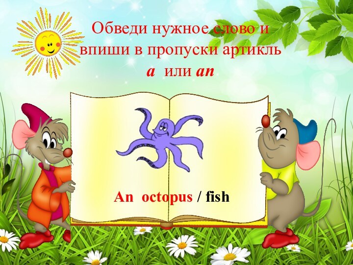 Обведи нужное слово и впиши в пропуски артикль a или an An octopus / fish