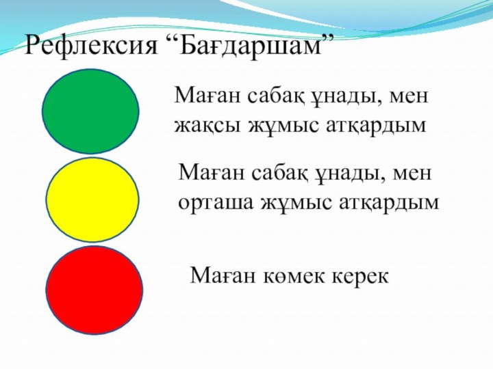 Рефлексия “Бағдаршам” Маған сабақ ұнады, мен жақсы жұмыс атқардымМаған сабақ ұнады, мен