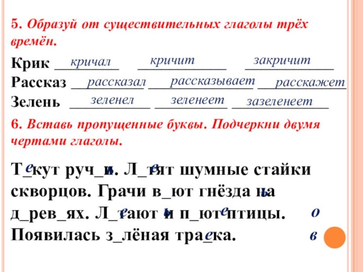 5. Образуй от существительных глаголы трёх времён.Крик ________  ___________  ___________Рассказ