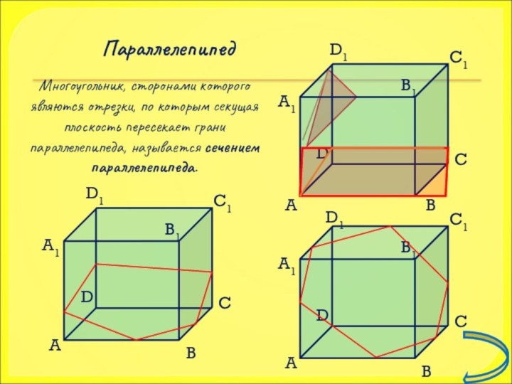 ПараллелепипедМногоугольник, сторонами которого являются отрезки, по которым секущая плоскость пересекает грани параллелепипеда, называется сечением параллелепипеда.D1