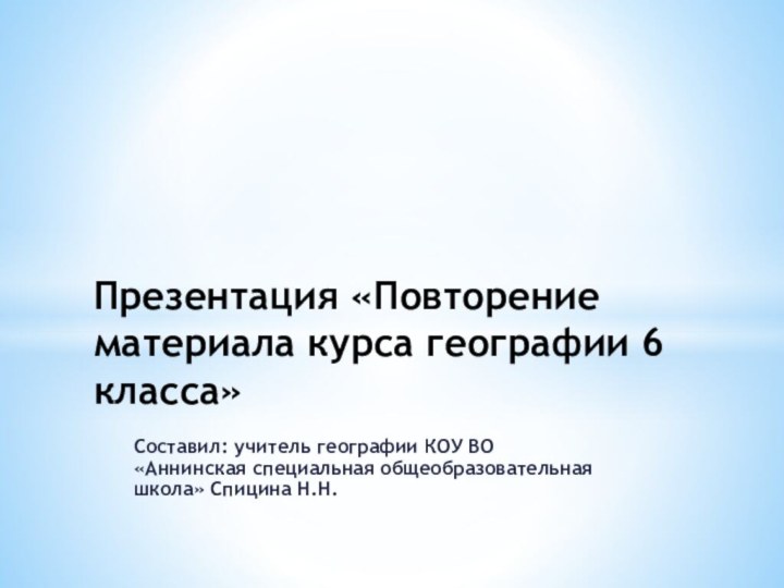 Составил: учитель географии КОУ ВО «Аннинская специальная общеобразовательная школа» Спицина Н.Н.Презентация «Повторение