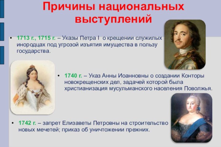 Причины национальных выступлений1713 г., 1715 г. – Указы Петра I о крещении