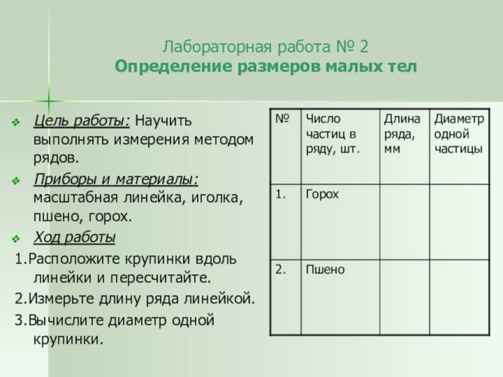 Лабораторная работа № 2 Определение размеров малых телЦель работы: Научить выполнять измерения