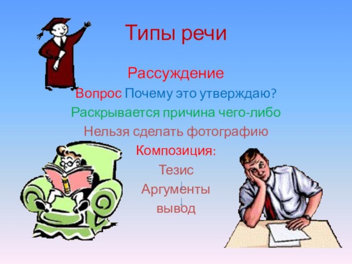 Типы речиРассуждениеВопрос Почему это утверждаю?Раскрывается причина чего-либоНельзя сделать фотографиюКомпозиция:ТезисАргументывывод