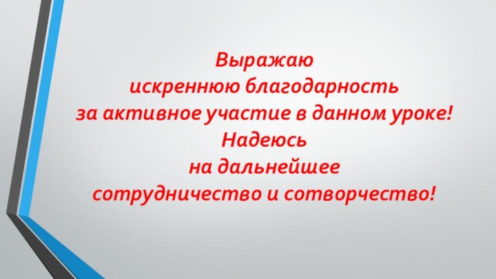 Выражаю  искреннюю благодарность  за активное участие в данном уроке! Надеюсь