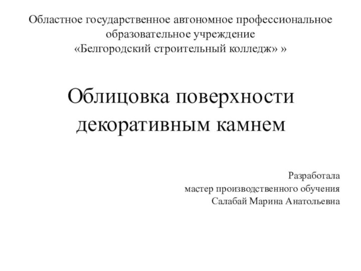 Областное государственное автономное профессиональное образовательное учреждение  «Белгородский строительный колледж» »Облицовка поверхности