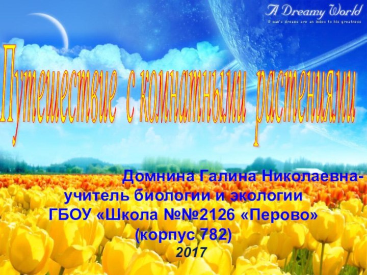 Путешествие с комнатными растениями Домнина Галина Николаевна-учитель биологии и экологииГБОУ «Школа №№2126 «Перово» (корпус 782)2017