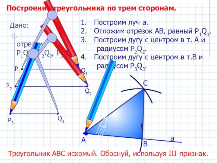 СПостроим луч а.Отложим отрезок АВ, равный P1Q1.Построим дугу с центром в т.