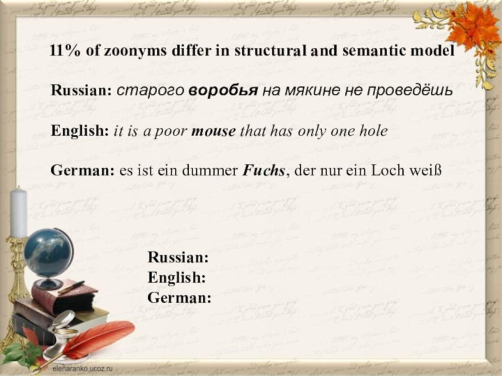 11% of zoonyms differ in structural and semantic model Russian: English:German:Russian: старого