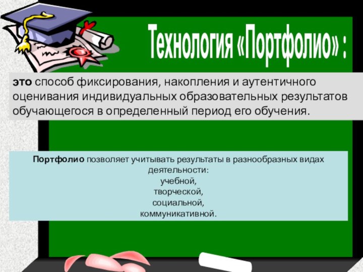 Технология «Портфолио» :это способ фиксирования, накопления и аутентичного оценивания индивидуальных образовательных результатов обучающегося в