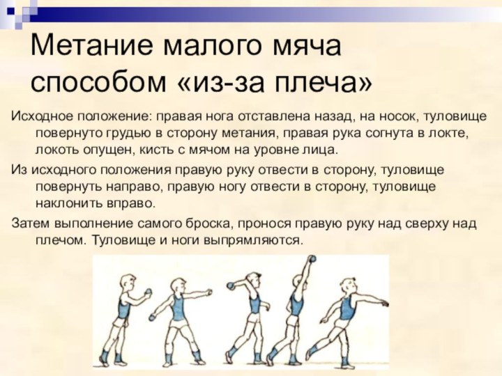 Метание малого мяча способом «из-за плеча»Исходное положение: правая нога отставлена назад, на