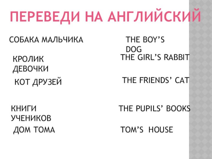 ПЕРЕВЕДИ НА АНГЛИЙСКИЙСОБАКА МАЛЬЧИКАTHE BOY’S DOGКРОЛИК ДЕВОЧКИTHE GIRL’S RABBITКОТ ДРУЗЕЙTHE FRIENDS’ CATКНИГИ