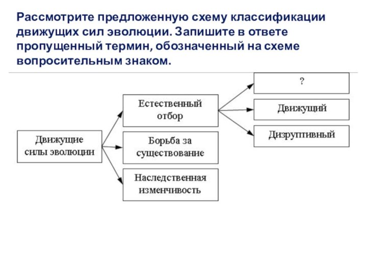 Рассмотрите предложенную схему классификации движущих сил эволюции. Запишите в ответе пропущенный термин,