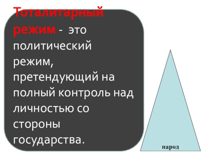 Тоталитарный режим - это политический режим, претендующий на полный контроль над личностью