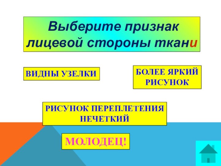 Выберите признаклицевой стороны тканиВИДНЫ УЗЕЛКИБОЛЕЕ ЯРКИЙ РИСУНОКМОЛОДЕЦ!РИСУНОК ПЕРЕПЛЕТЕНИЯ НЕЧЕТКИЙ