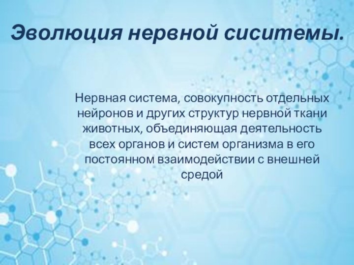 Эволюция нервной сиситемы.Нервная система, совокупность отдельных нейронов и других структур нервной ткани