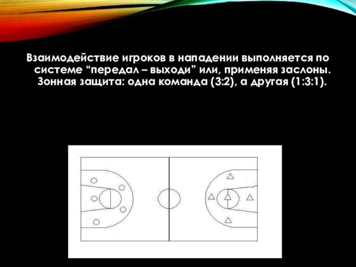 Взаимодействие игроков в нападении выполняется по системе “передал – выходи” или, применяя