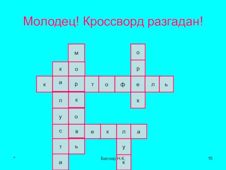 Молодец! Кроссворд разгадан!морковьтафопккельросхукеалктуа*Беллер Н.К.